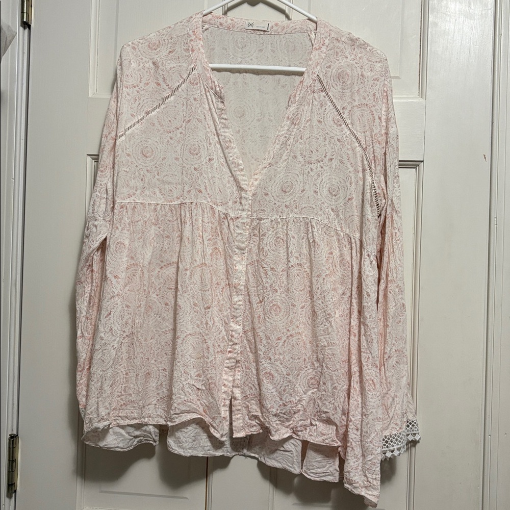 GxF Boho Babydoll Pink Floral Blouse Lace Trimmed Sleeves Size M -flaw